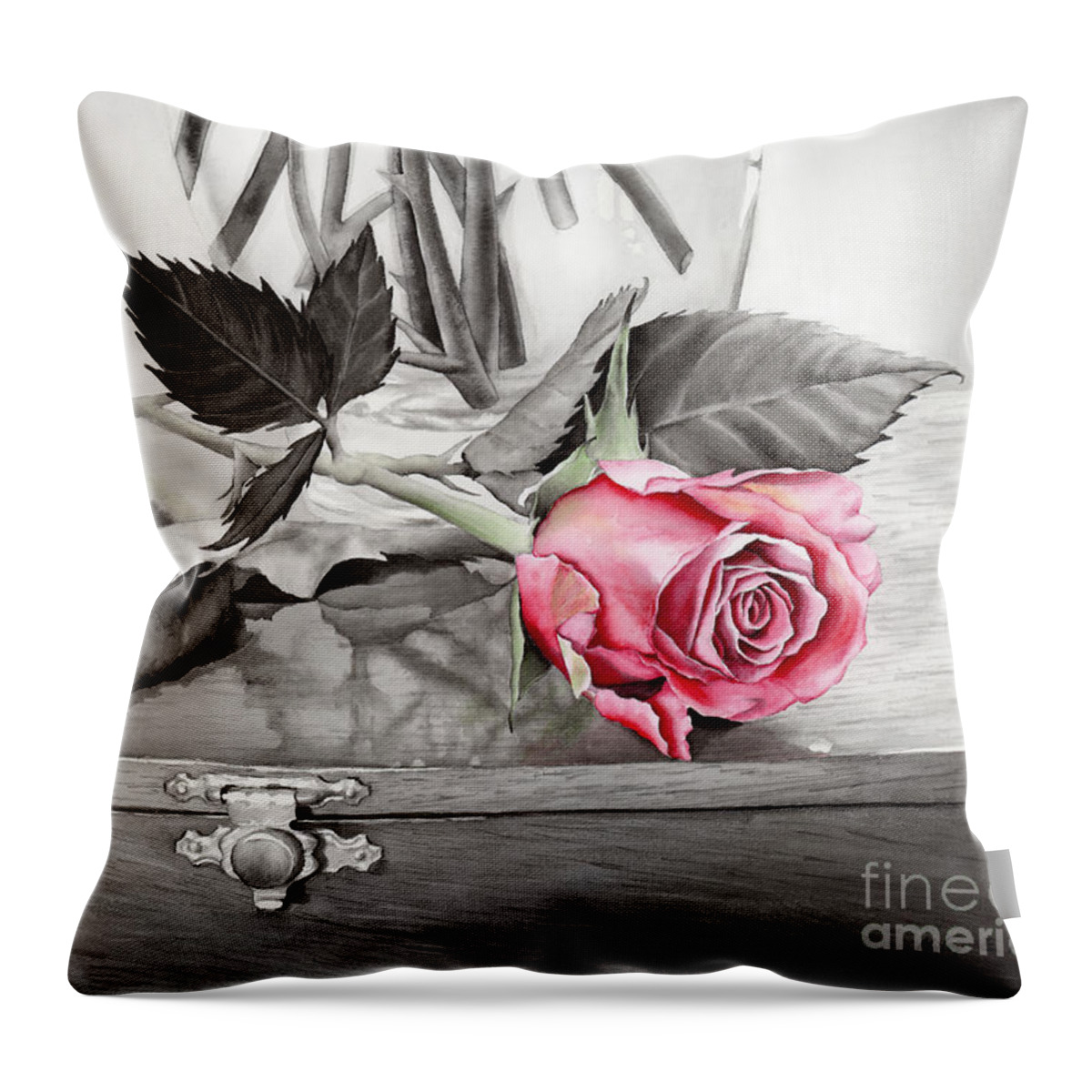 Rose Throw Pillow featuring the painting Red Rosebud on the Jewelry Box by Hailey E Herrera