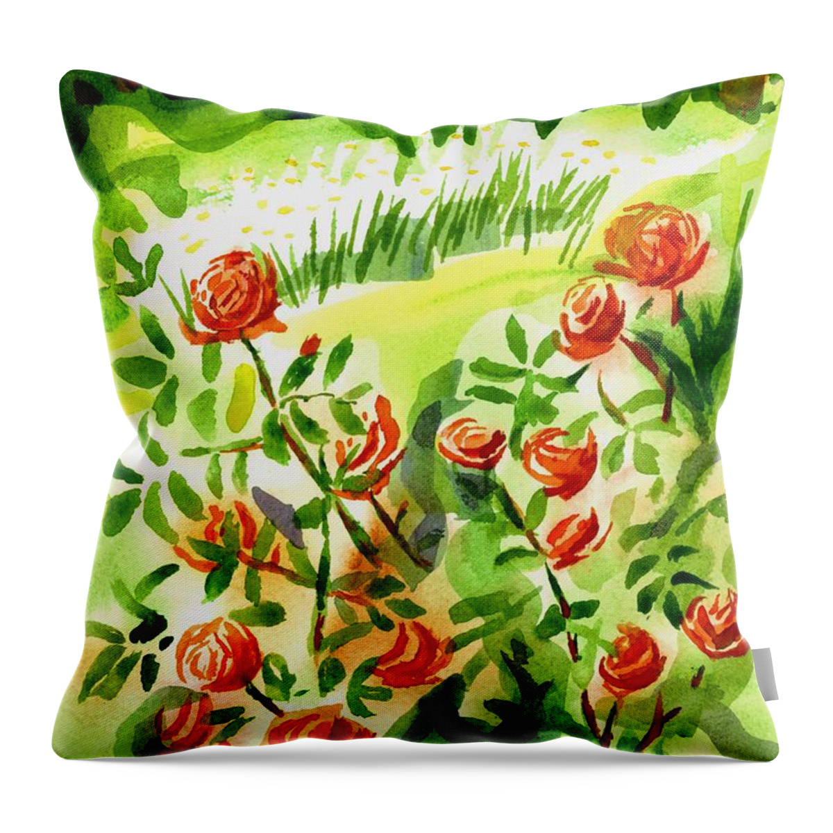 Red Roses With Daisies In The Garden Throw Pillow featuring the painting Red Roses with Daisies in the Garden by Kip DeVore