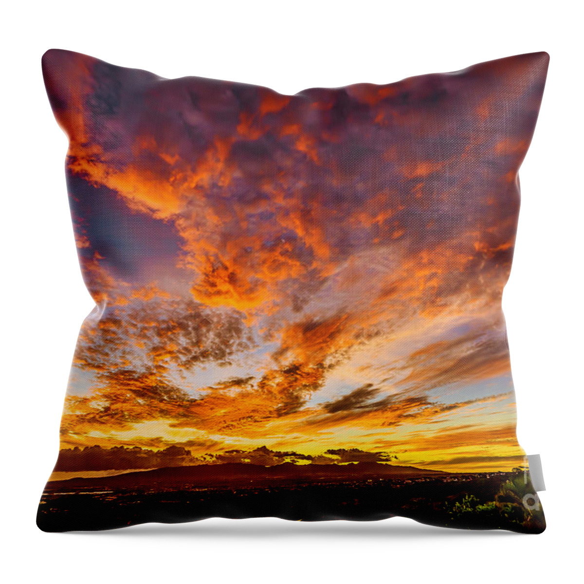 Waianae Mountain Range Throw Pillow featuring the photograph Red Sunset Behind the Waianae Mountain Range by Aloha Art