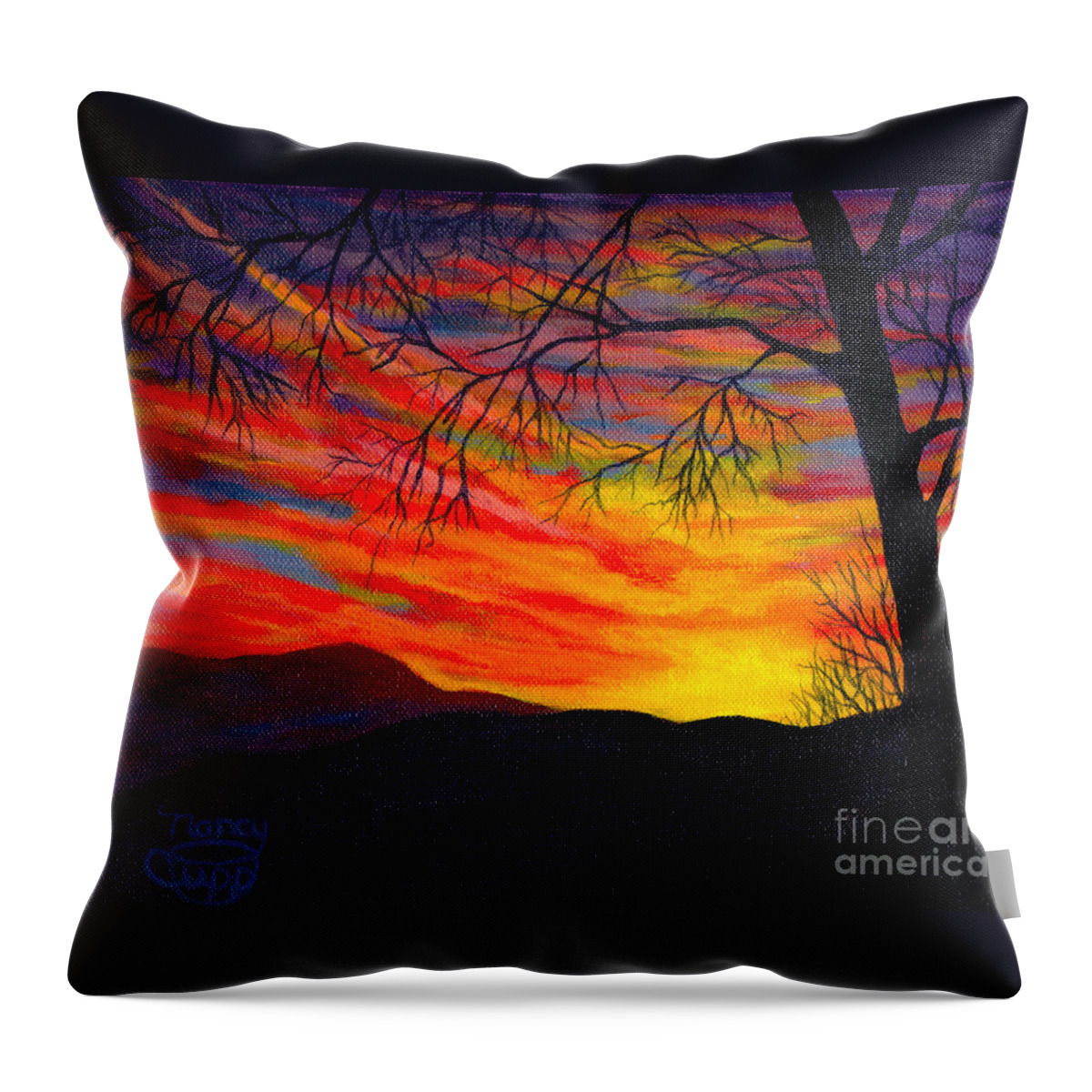 Red Sky Throw Pillow featuring the painting Red Sunset by Nancy Cupp