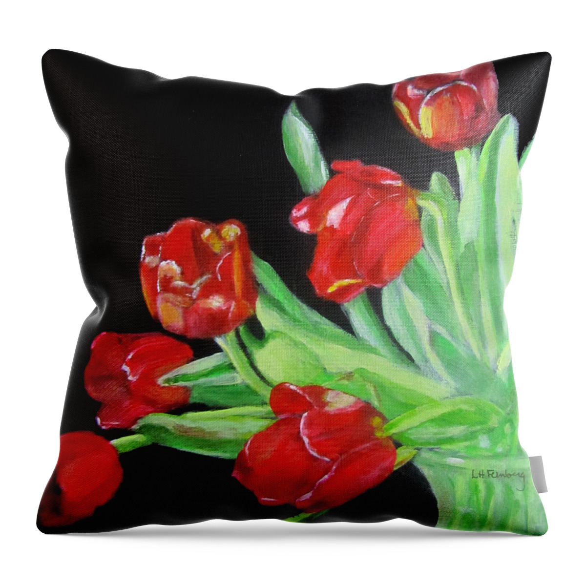 Tulips Throw Pillow featuring the painting Red Tulips in Vase by Linda Feinberg
