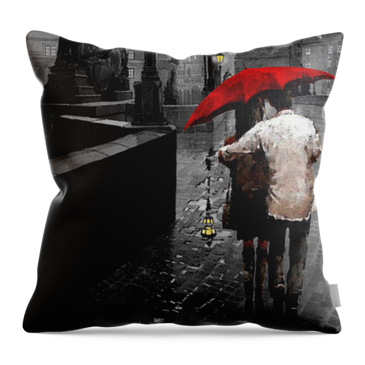 Mix Media Throw Pillow featuring the mixed media Red Umbrella 2 by Yuriy Shevchuk