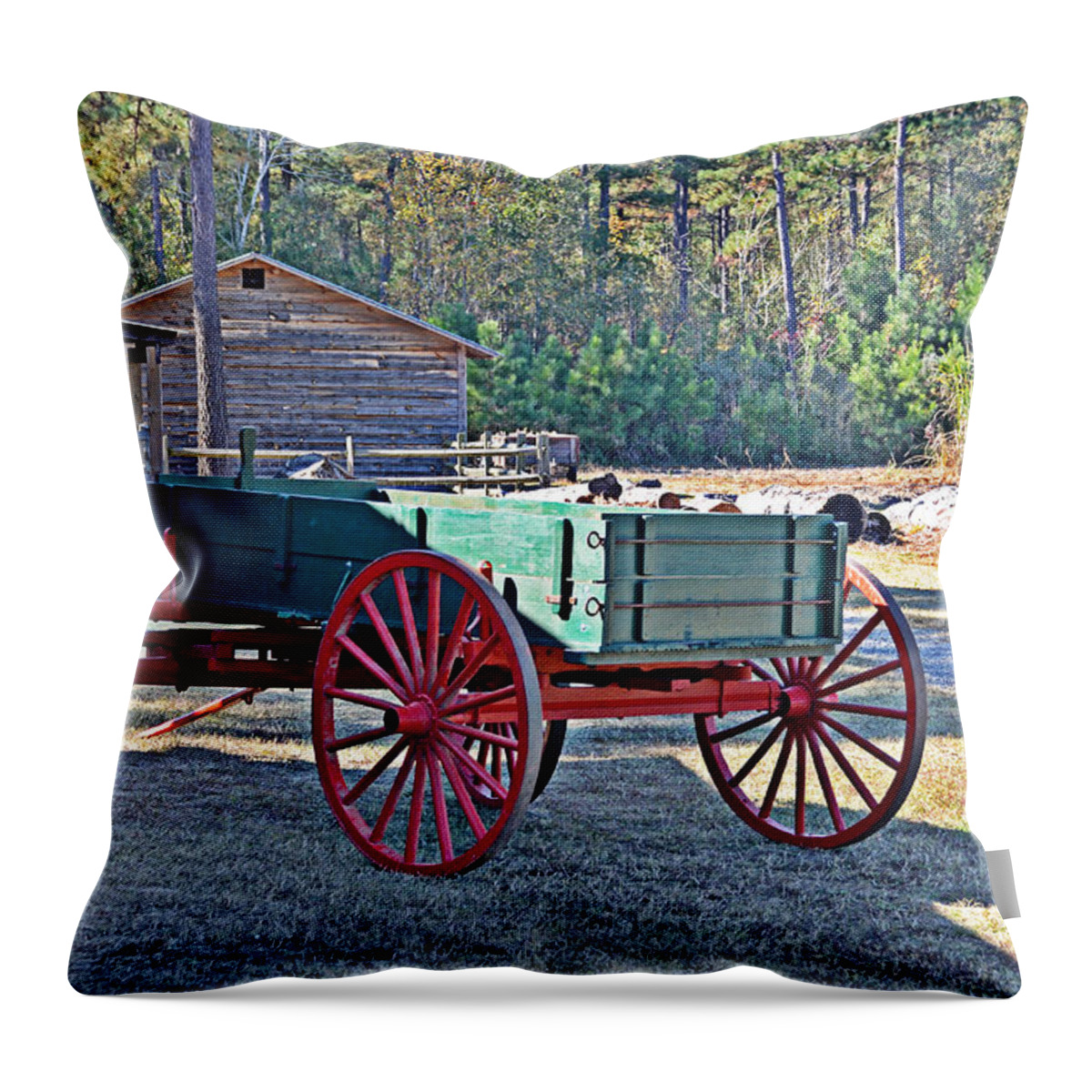 Wagon Throw Pillow featuring the photograph Red-Wheeled Wagon by Linda Brown
