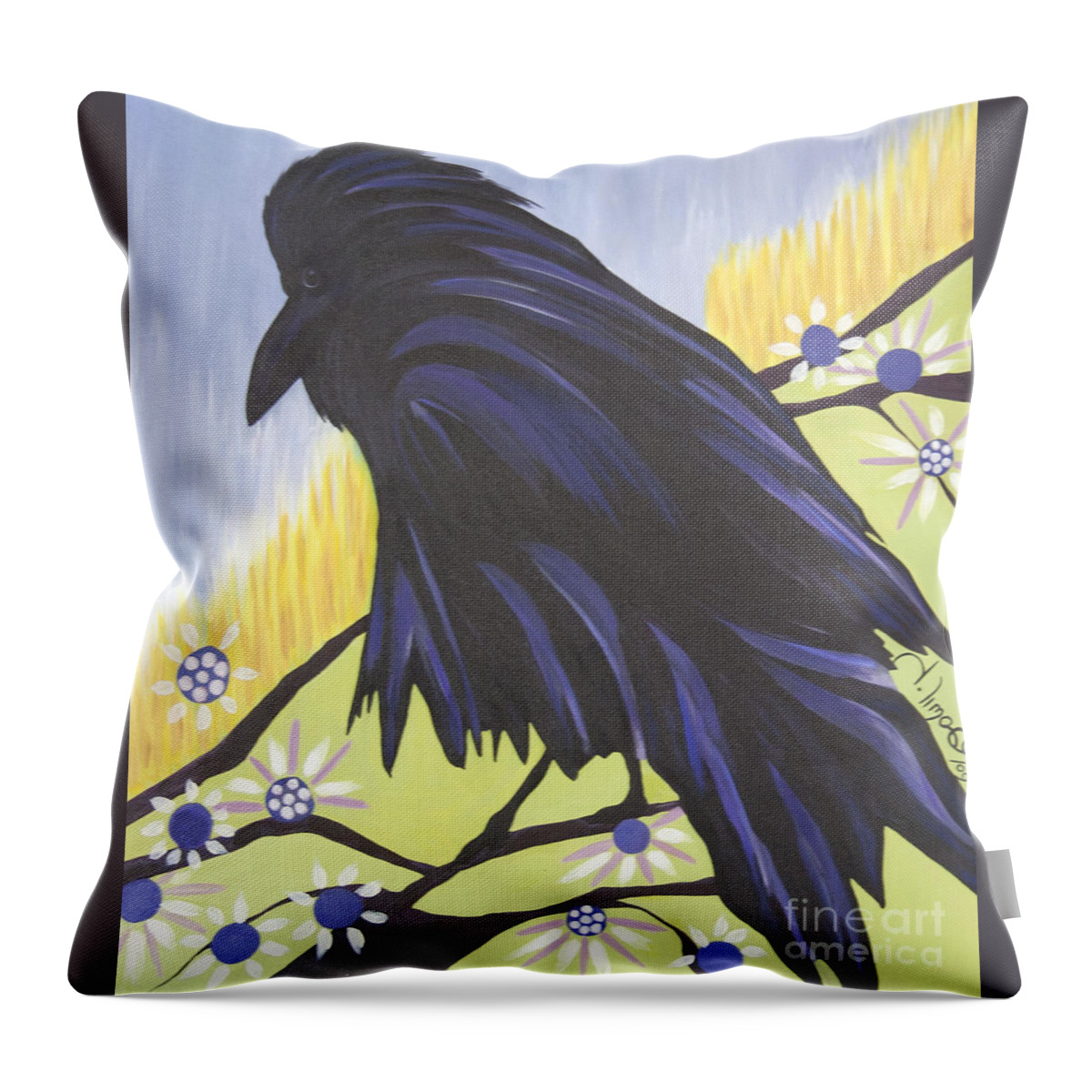 #raven #bird #raven #nature #treebranchs #photography #fineart #art #images #acryliconcanvas #reflection Throw Pillow featuring the painting Reflection by Jacquelinemari