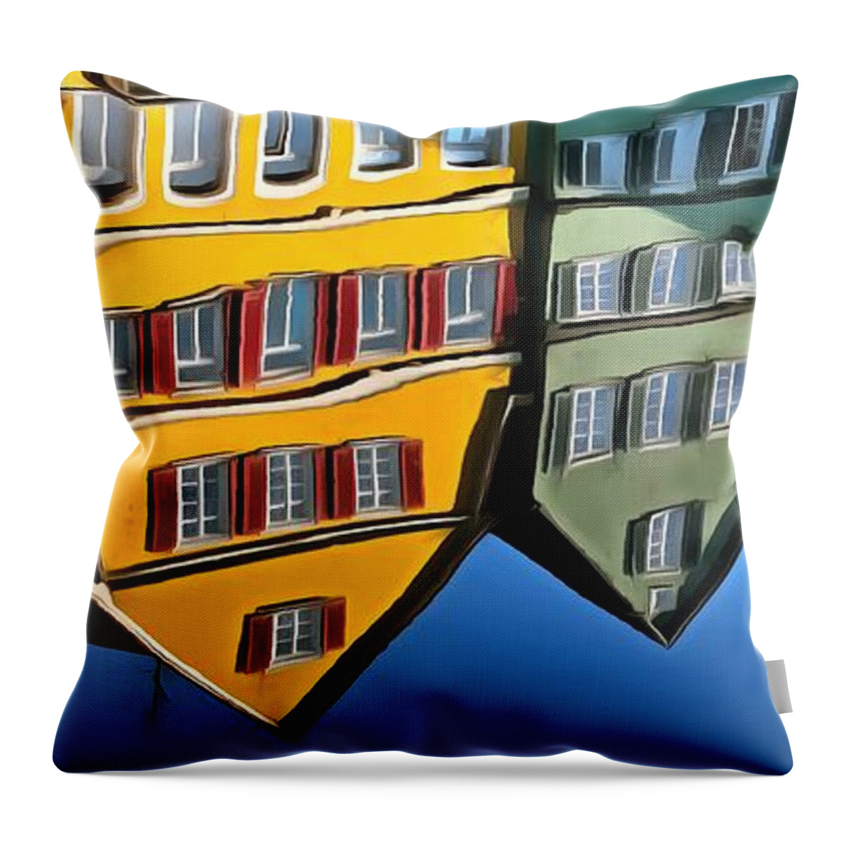 Houses Throw Pillow featuring the photograph Reflection of colorful houses in Tuebingen in river Neckar by Matthias Hauser