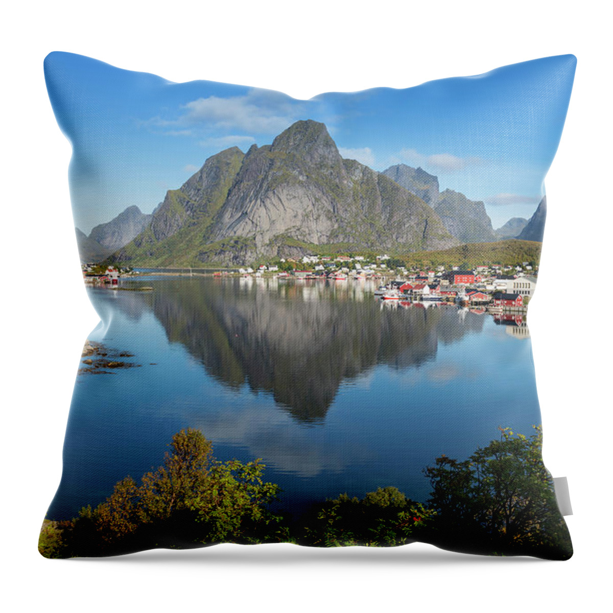 Village Throw Pillow featuring the photograph Reflection Of Olstind Mountain Peak by Cody Duncan