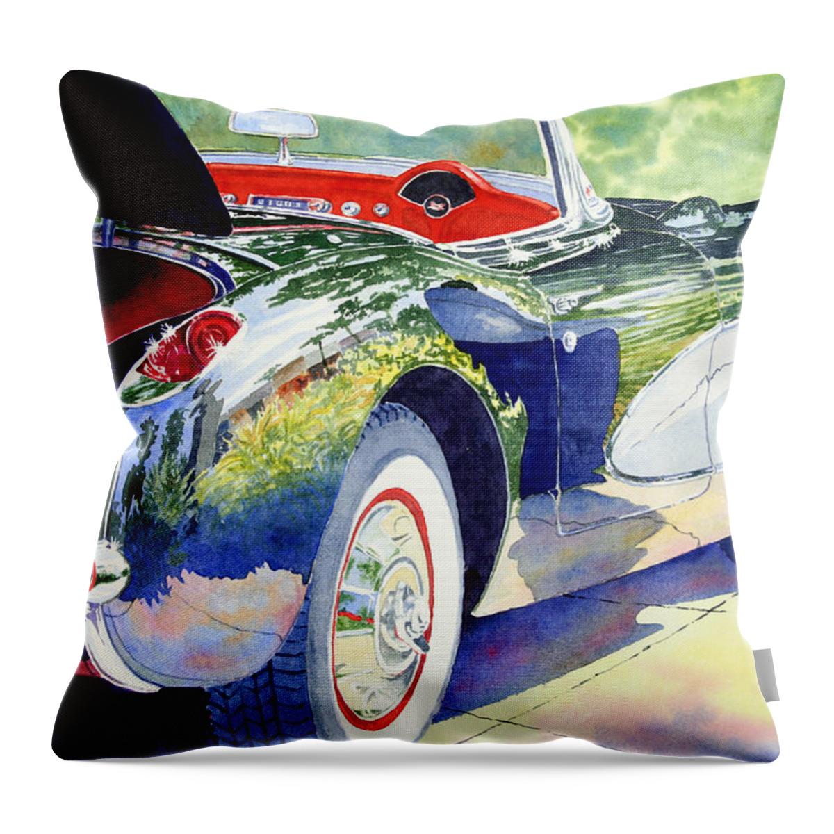 Corvette Throw Pillow featuring the painting Reflections on a Corvette by Roger Rockefeller