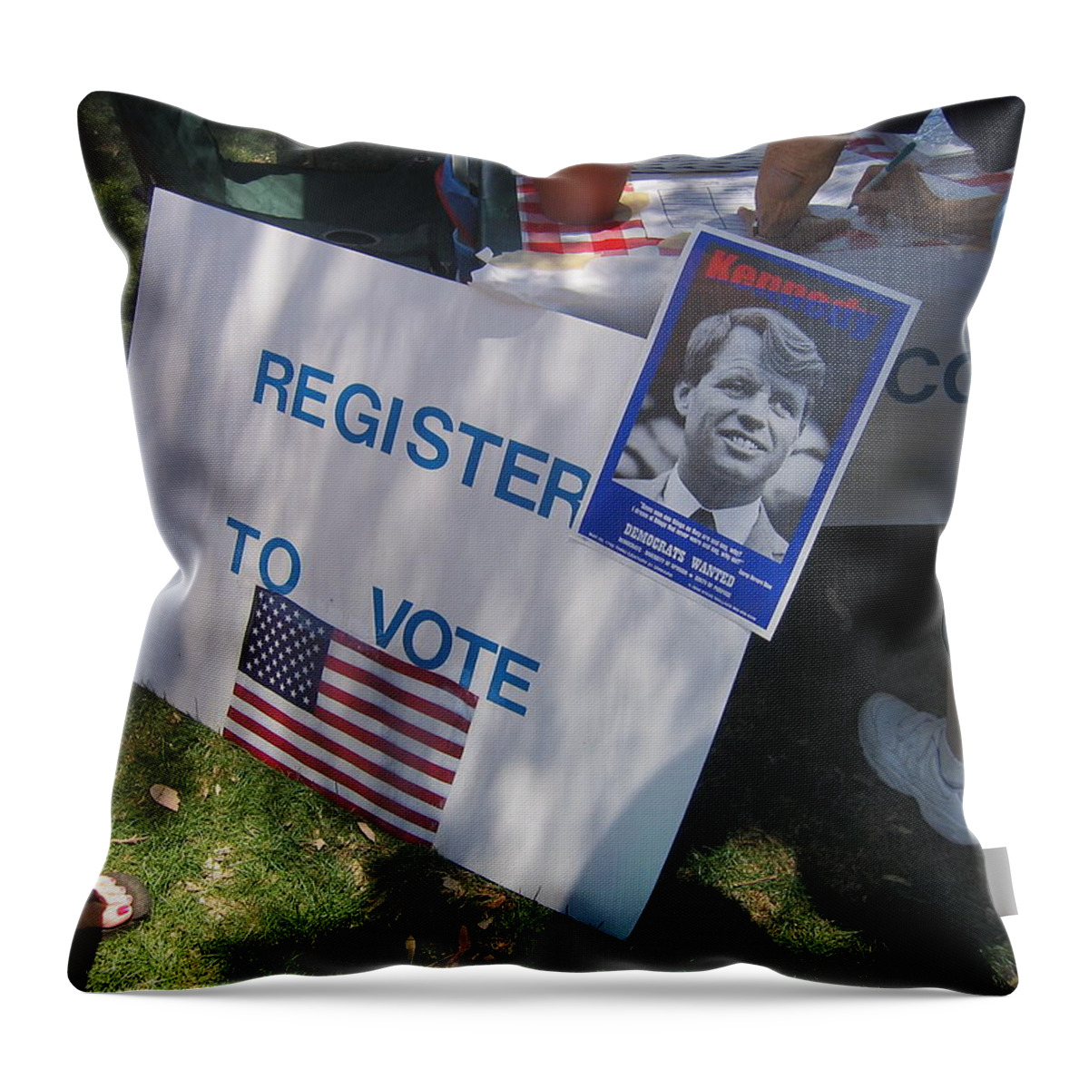 Register To Vote Bobby Kennedy Poster Sylver Short Hand Peart Park Casa Grande Arizona 2004 Throw Pillow featuring the photograph Register to vote Bobby Kennedy poster Sylver Short hand Peart Park Casa Grande Arizona 2004 by David Lee Guss