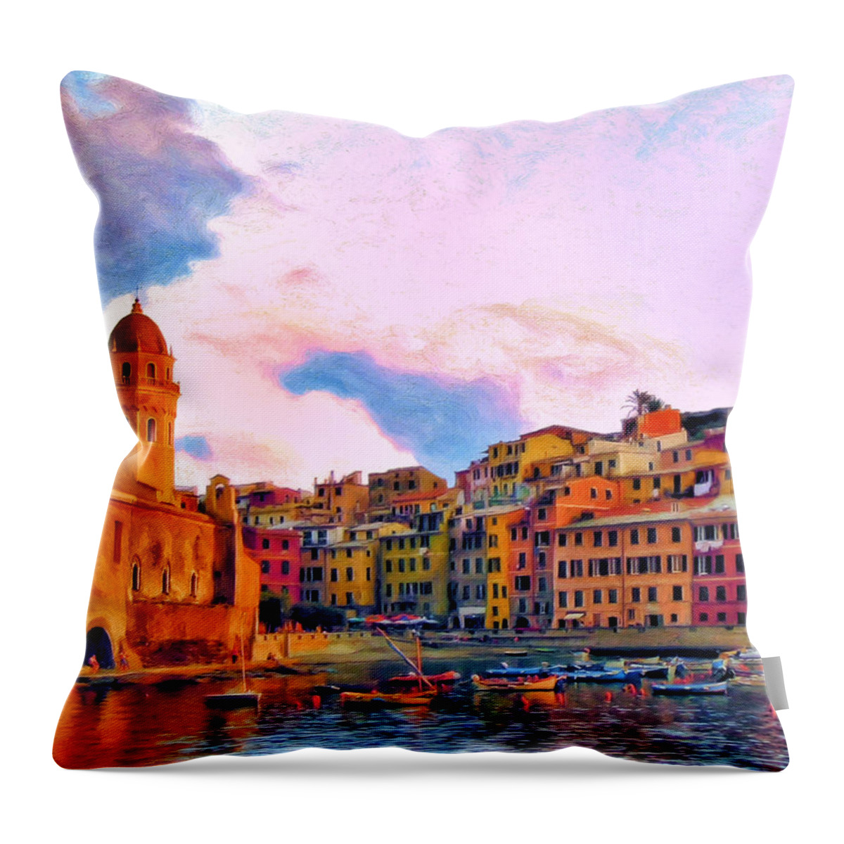 Cinque Terre Throw Pillow featuring the painting Relaxing Around Vernazza by Michael Pickett
