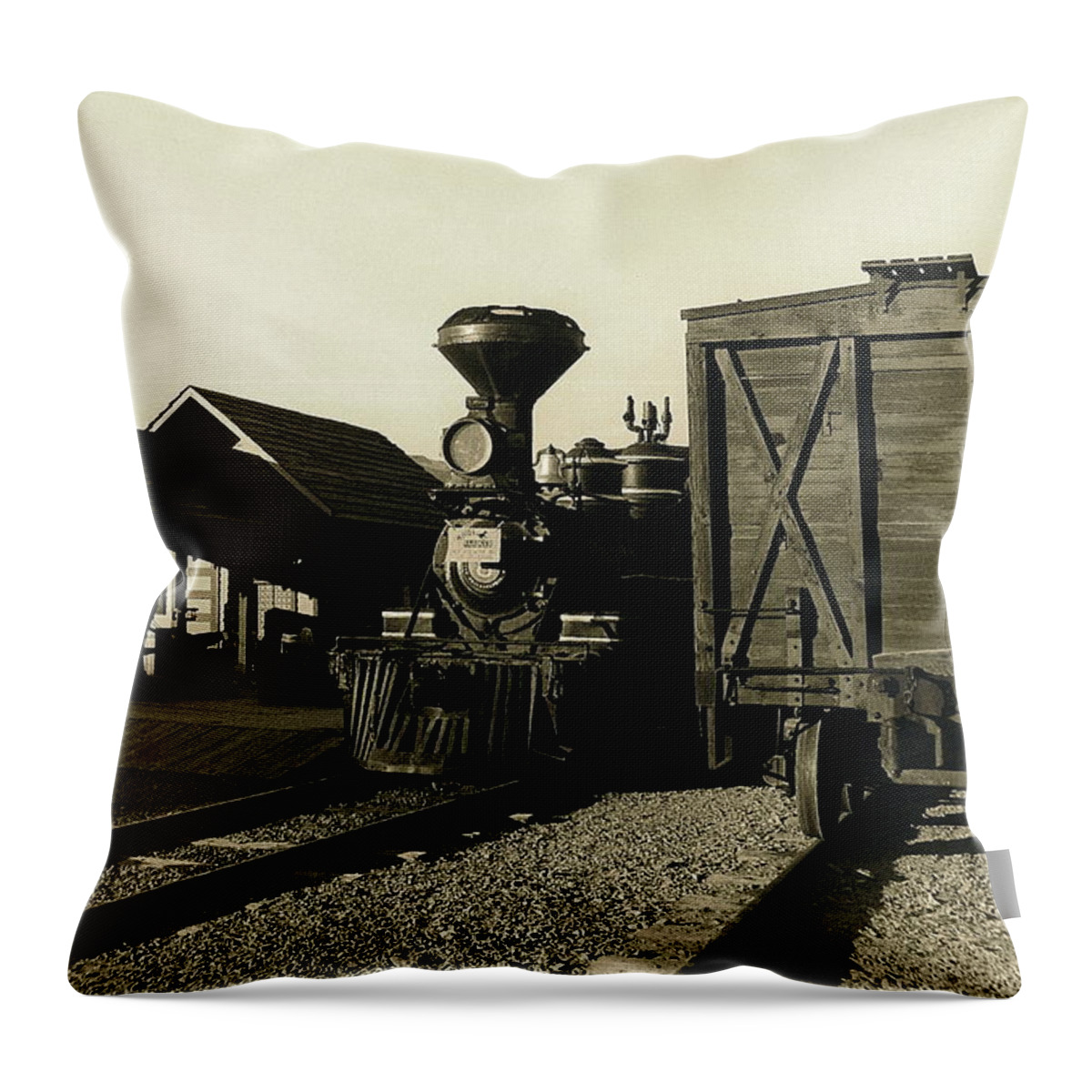 Reno Rr Engine And Station Old Tucson Arizona 1984 Throw Pillow featuring the photograph Reno RR engine and station Old Tucson Arizona 1984 by David Lee Guss