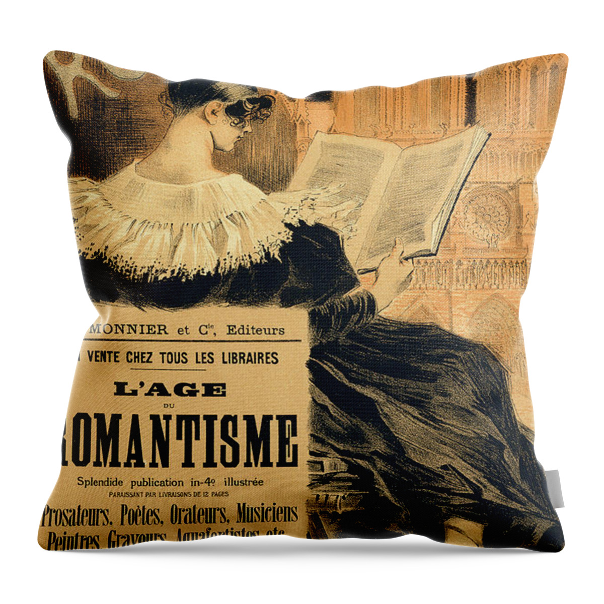 Advert Throw Pillow featuring the painting Reproduction of a poster advertising a book entitled The Romantic Age by Eugene Grasset