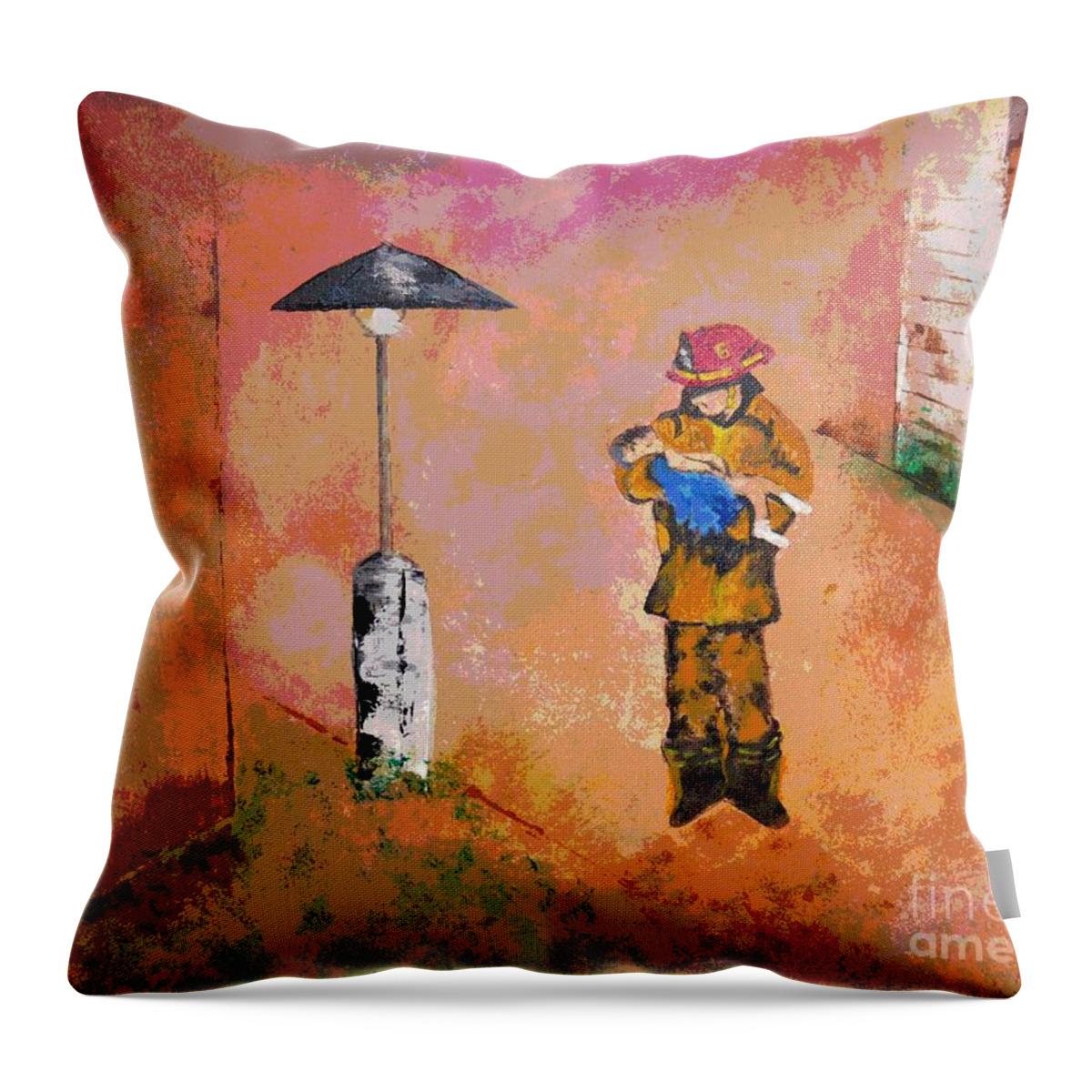 Fireman Throw Pillow featuring the painting Rescue by Denise Tomasura
