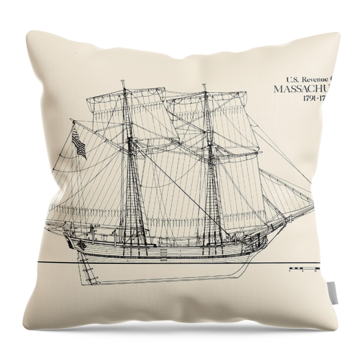 Coast Guard Throw Pillow featuring the drawing Revenue Cutter Massachusetts by Jerry McElroy