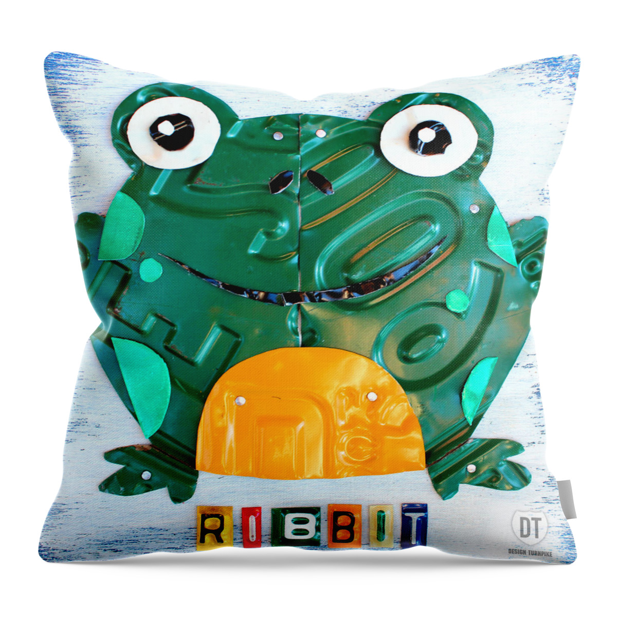 Frog Throw Pillow featuring the mixed media Ribbit the Frog License Plate Art by Design Turnpike