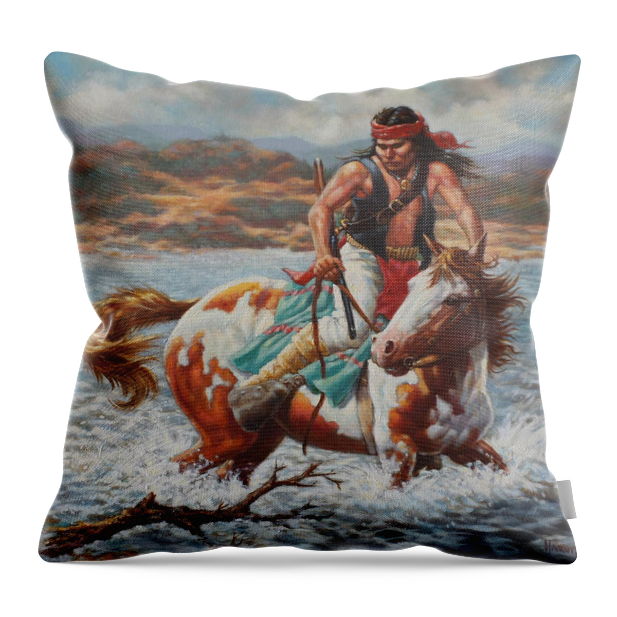 Native American Throw Pillow featuring the painting River Crossing by Harvie Brown