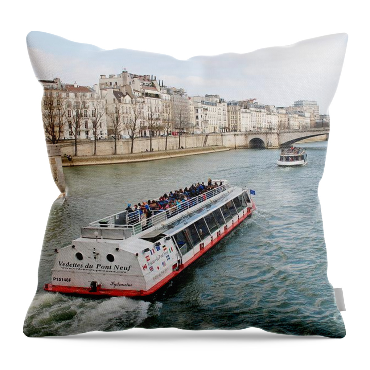 Bank Throw Pillow featuring the photograph River Seine excursion boats by David Fowler