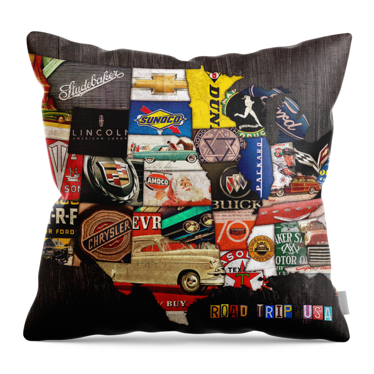 Road Trip Usa Throw Pillow featuring the mixed media Road Trip Usa American Love Affair with Cars and the Open Road by Design Turnpike