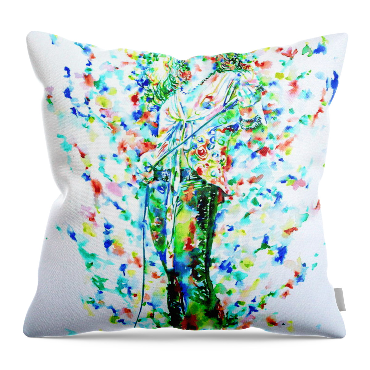 Robert Throw Pillow featuring the painting ROBERT PLANT SINGING - watercolor portrait by Fabrizio Cassetta