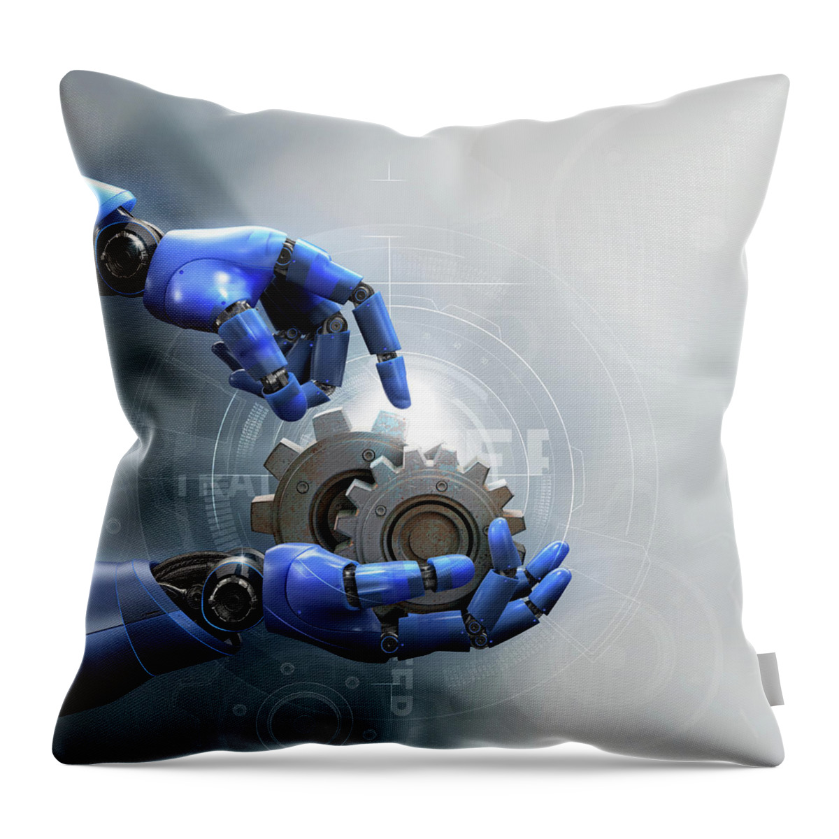 Adjust Throw Pillow featuring the photograph Robotic Arms Holding Metal Cogs by Ikon Ikon Images