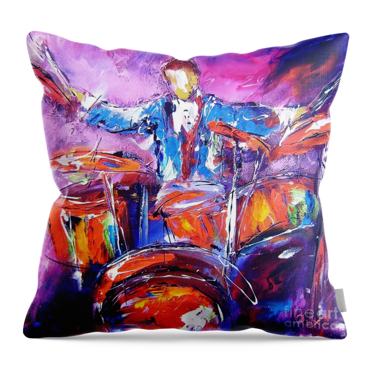 Rock Drummer Throw Pillow featuring the painting Rock drummer painting available as an art print by Mary Cahalan Lee - aka PIXI