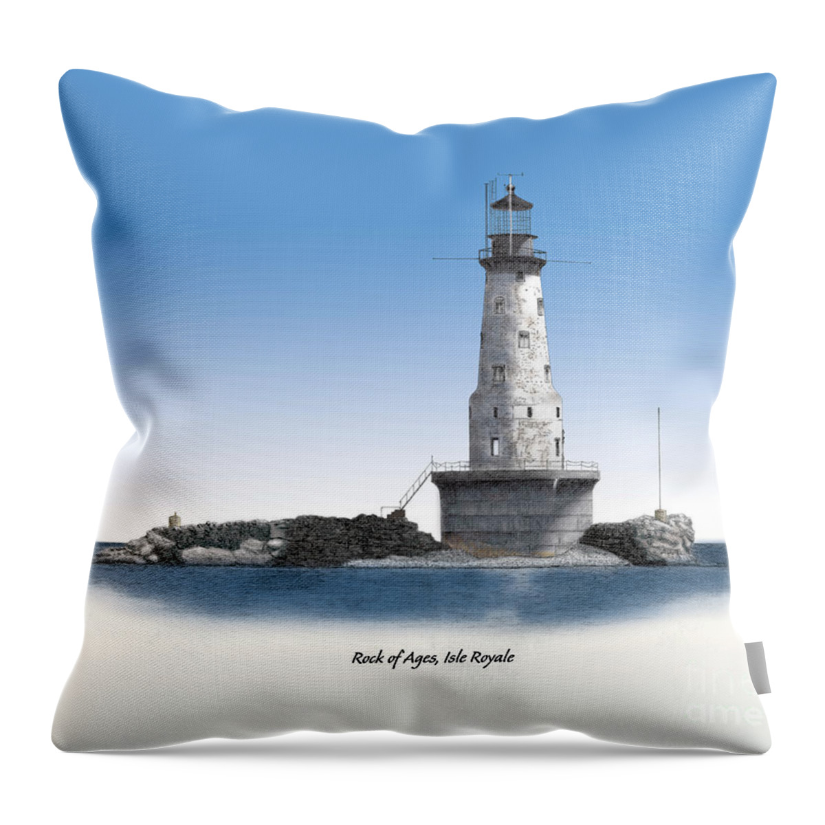 Lighthouse Throw Pillow featuring the drawing Rock Of Ages Lighthouse Titled by Darren Kopecky