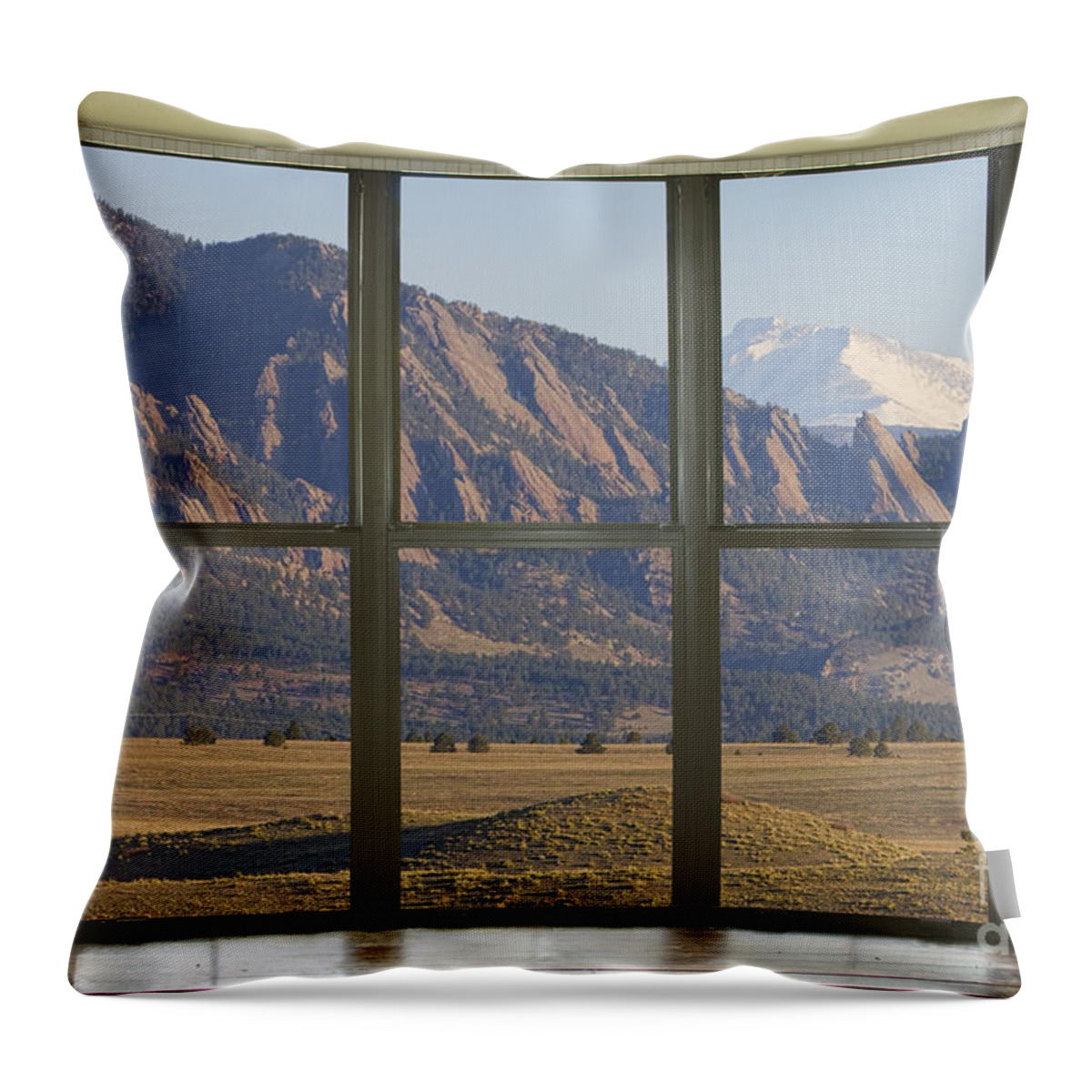Window Throw Pillow featuring the photograph Rocky Mountains Flatirons with Snow Longs Peak Bay Window View by James BO Insogna