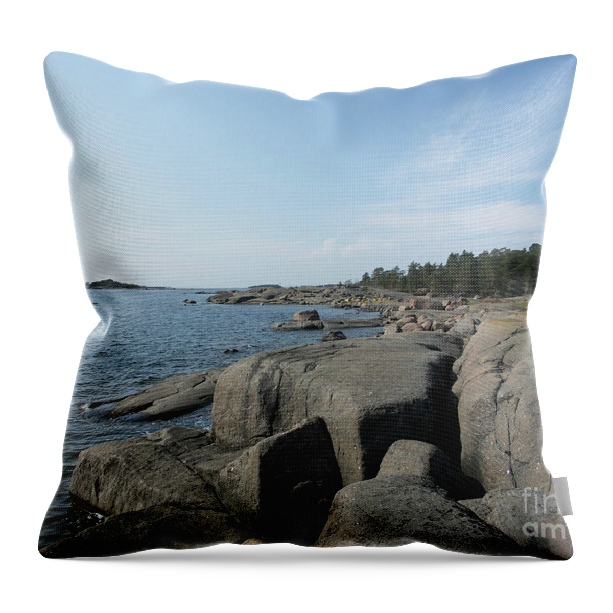 Ilkka Porkka Throw Pillow featuring the pyrography Rocky Seashore 2 in Hamina by Ilkka Porkka