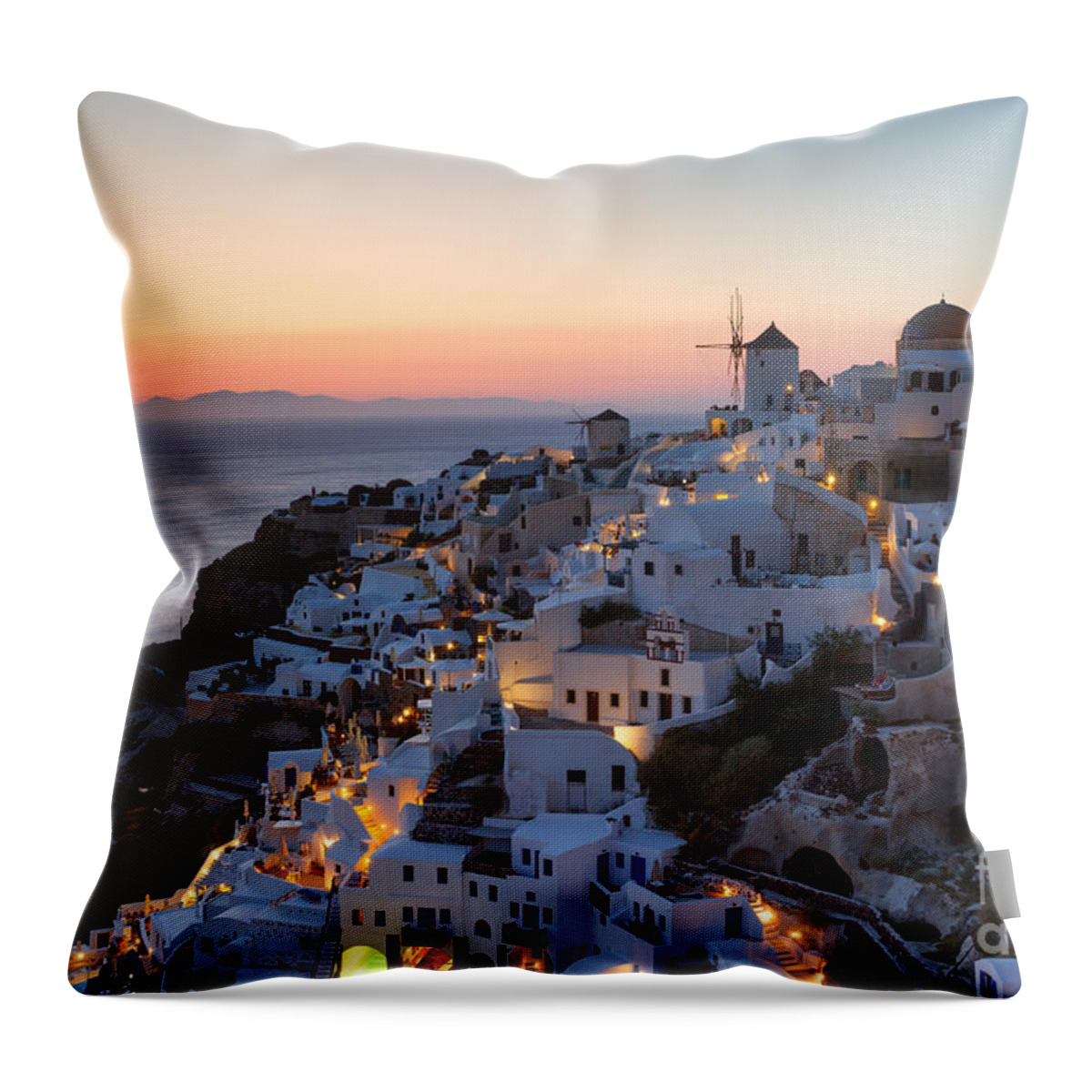 Greece Throw Pillow featuring the photograph Romantic sunset over the village of Oia Greece Santorini by Matteo Colombo