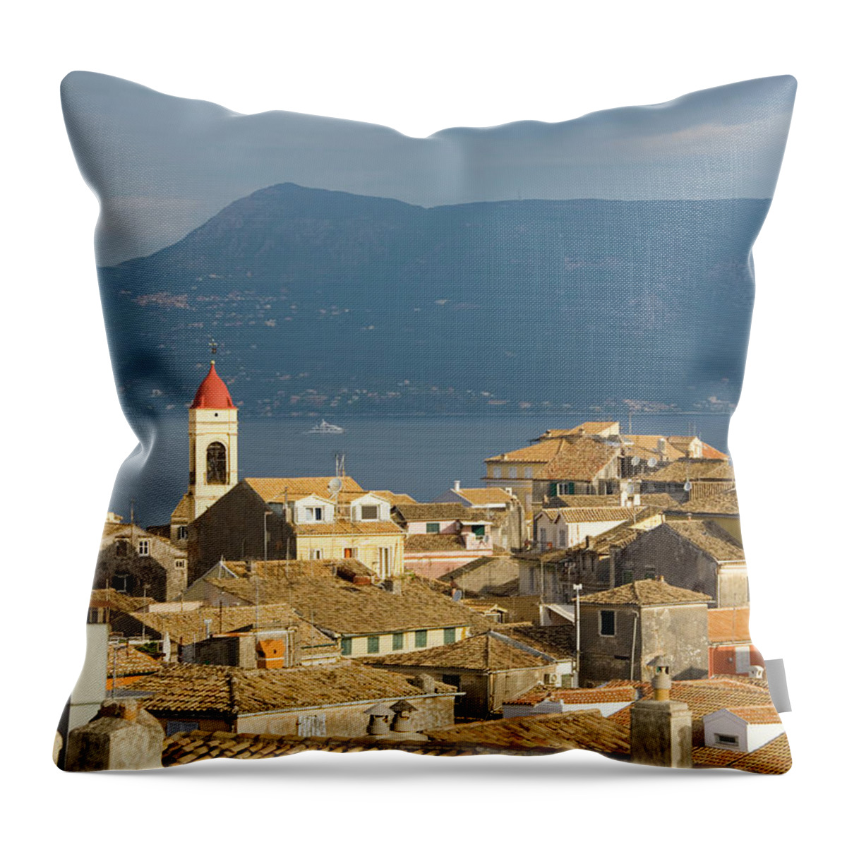 Clock Tower Throw Pillow featuring the photograph Rooftop View, Corfu Town, Corfu, Greece by David C Tomlinson