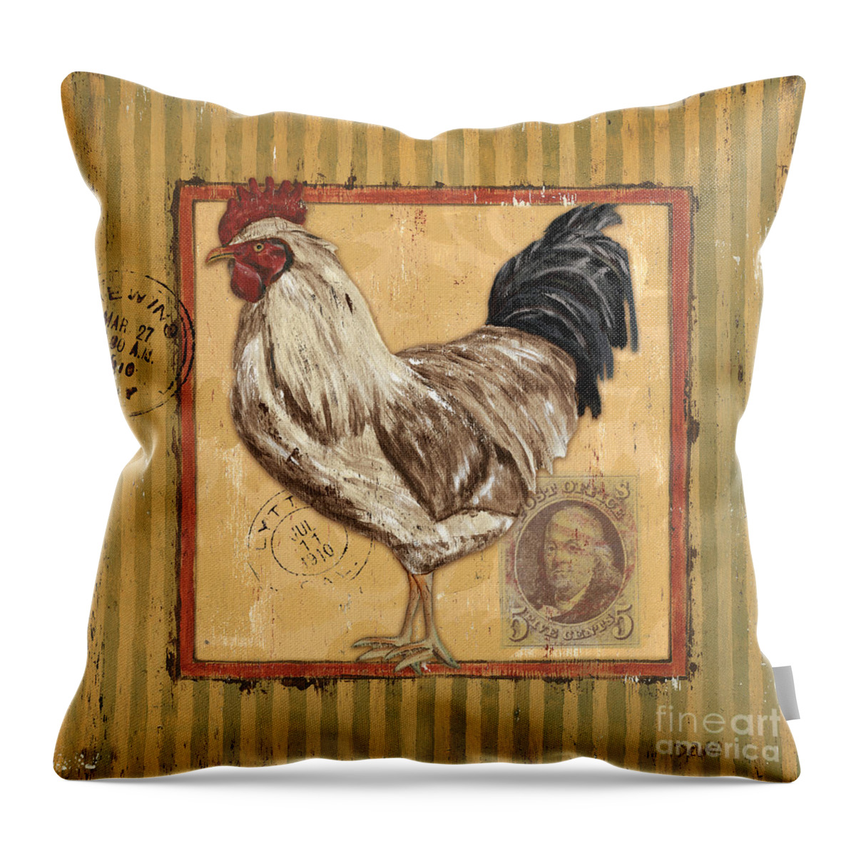 Rooster Throw Pillow featuring the painting Rooster and Stripes by Debbie DeWitt