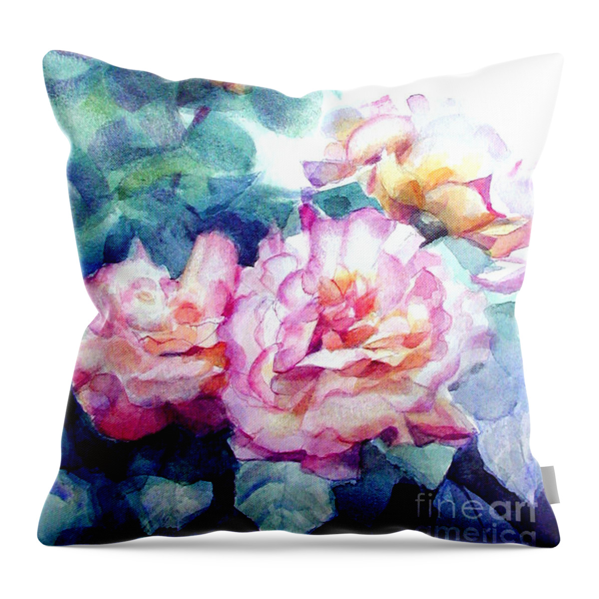 Greta Corens Artist Throw Pillow featuring the painting Watercolor of a Blazing Pink Rose Bush by Greta Corens