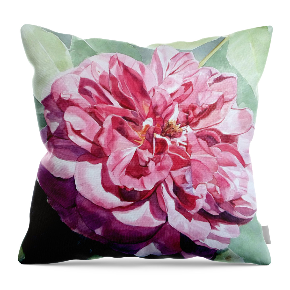 Watercolor Throw Pillow featuring the painting Watercolor of a Pink Rose in Full Bloom Dedicated to Van Gogh by Greta Corens