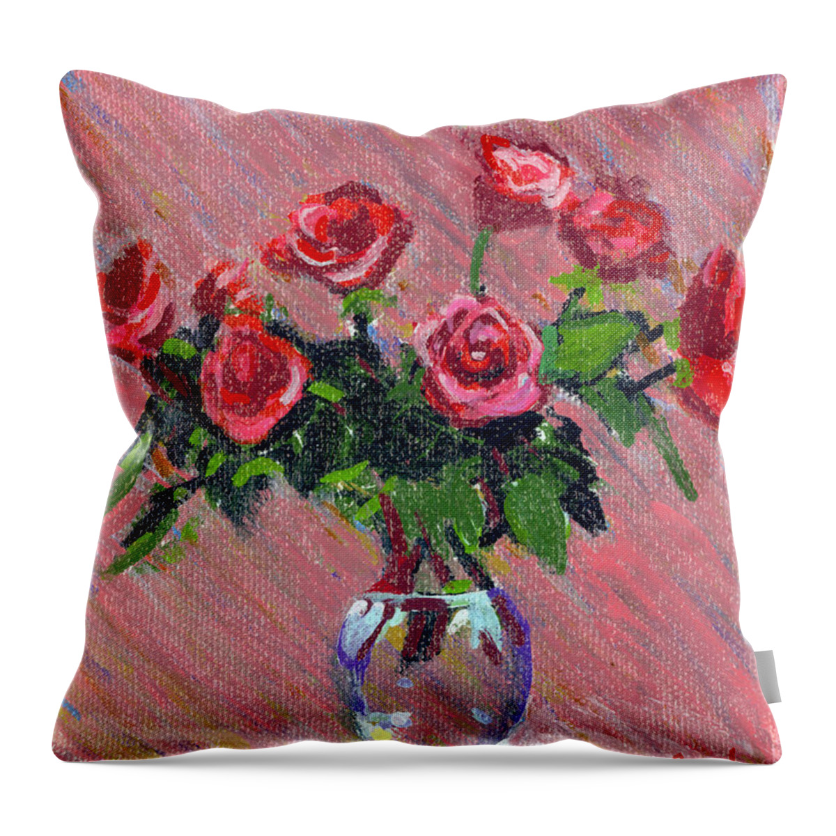 Red Roses On Pink Throw Pillow featuring the painting Roses on Pink by Candace Lovely