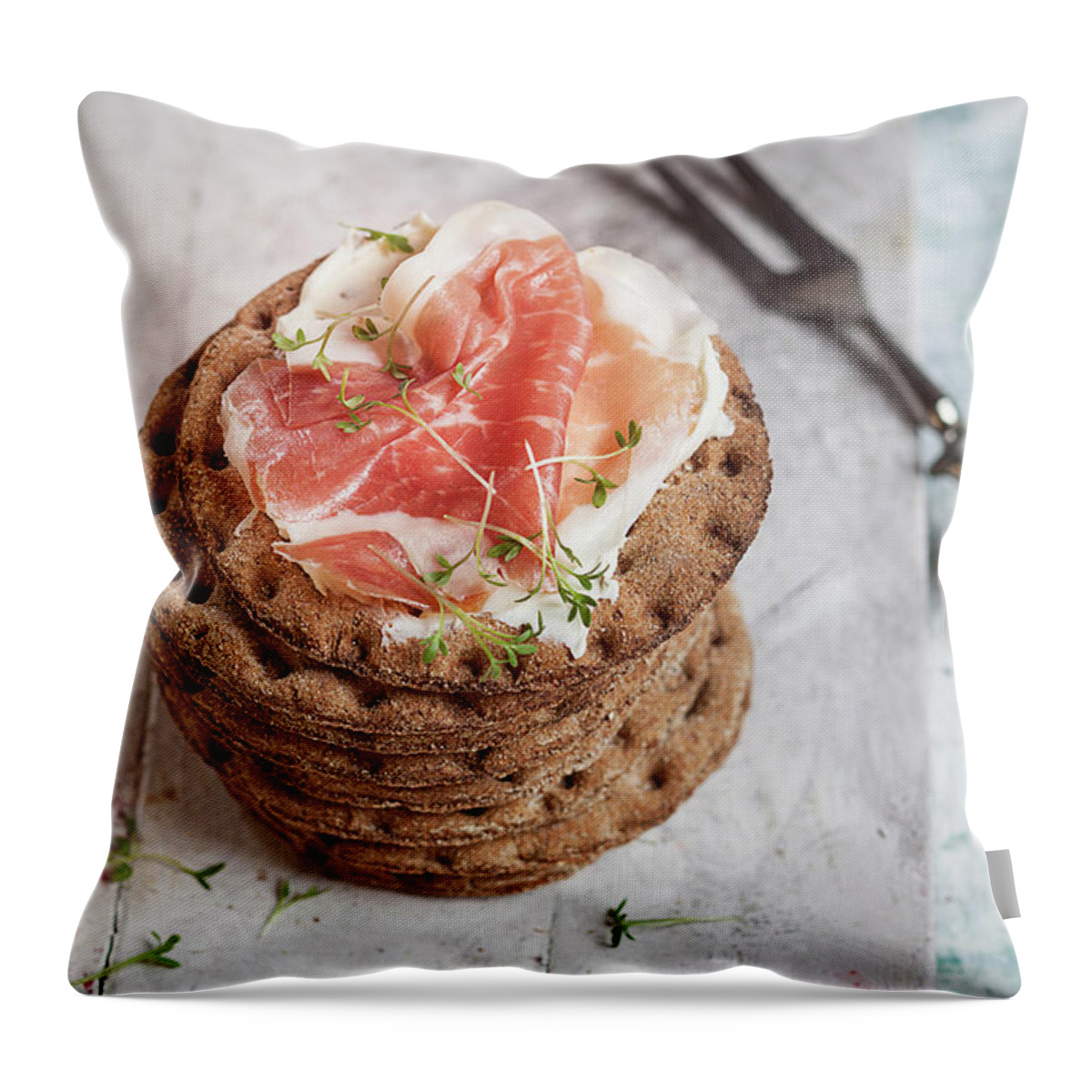 Cheese Throw Pillow featuring the photograph Round Crispbreads, Cream Cheese, Cooked by Westend61