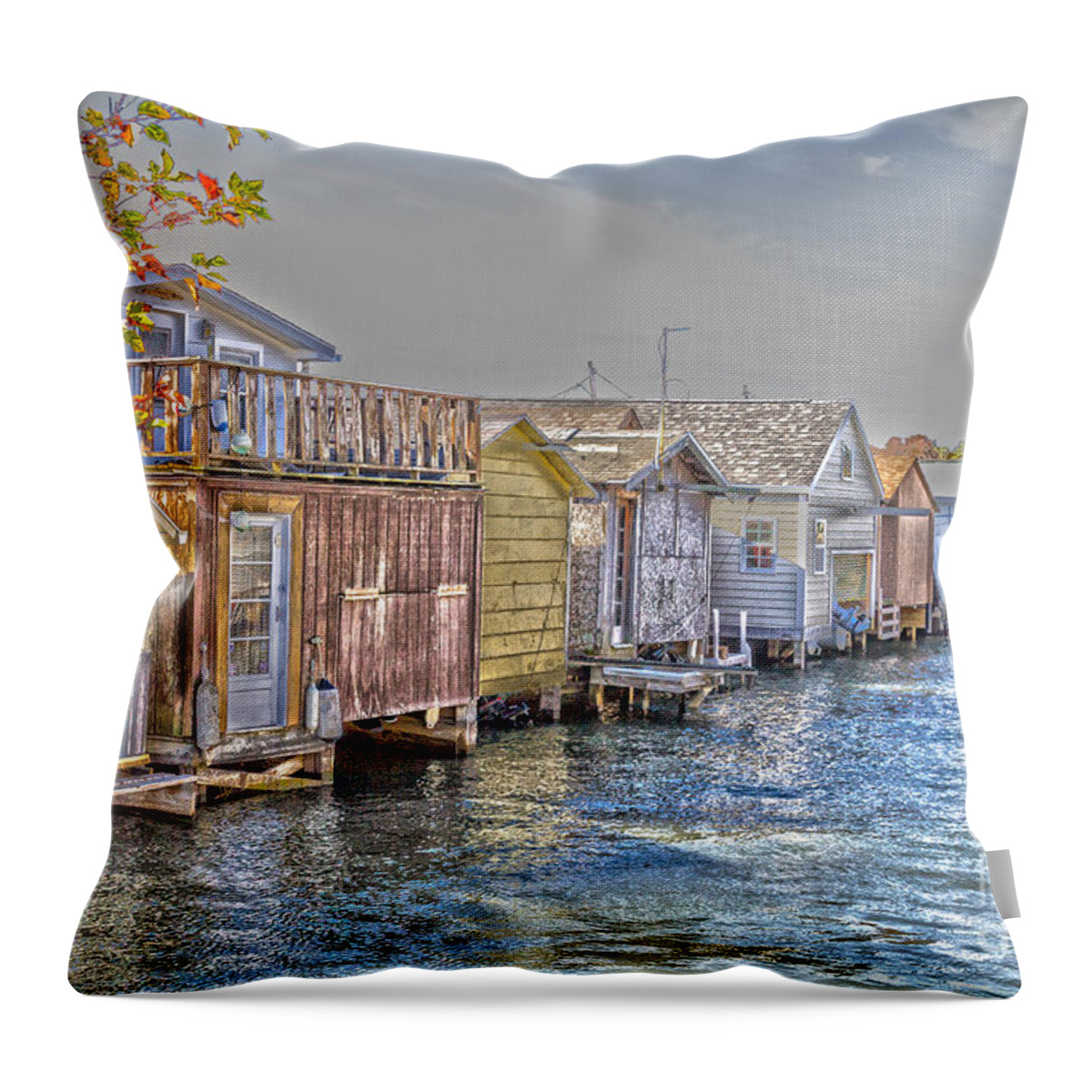Boathouse Throw Pillow featuring the photograph Row of Boathouses by William Norton