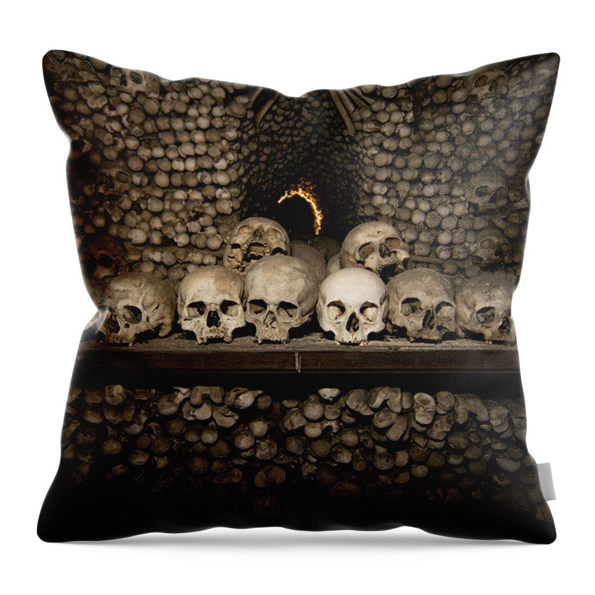Skull Throw Pillow featuring the photograph Row of human skulls and bones by Jaroslaw Blaminsky