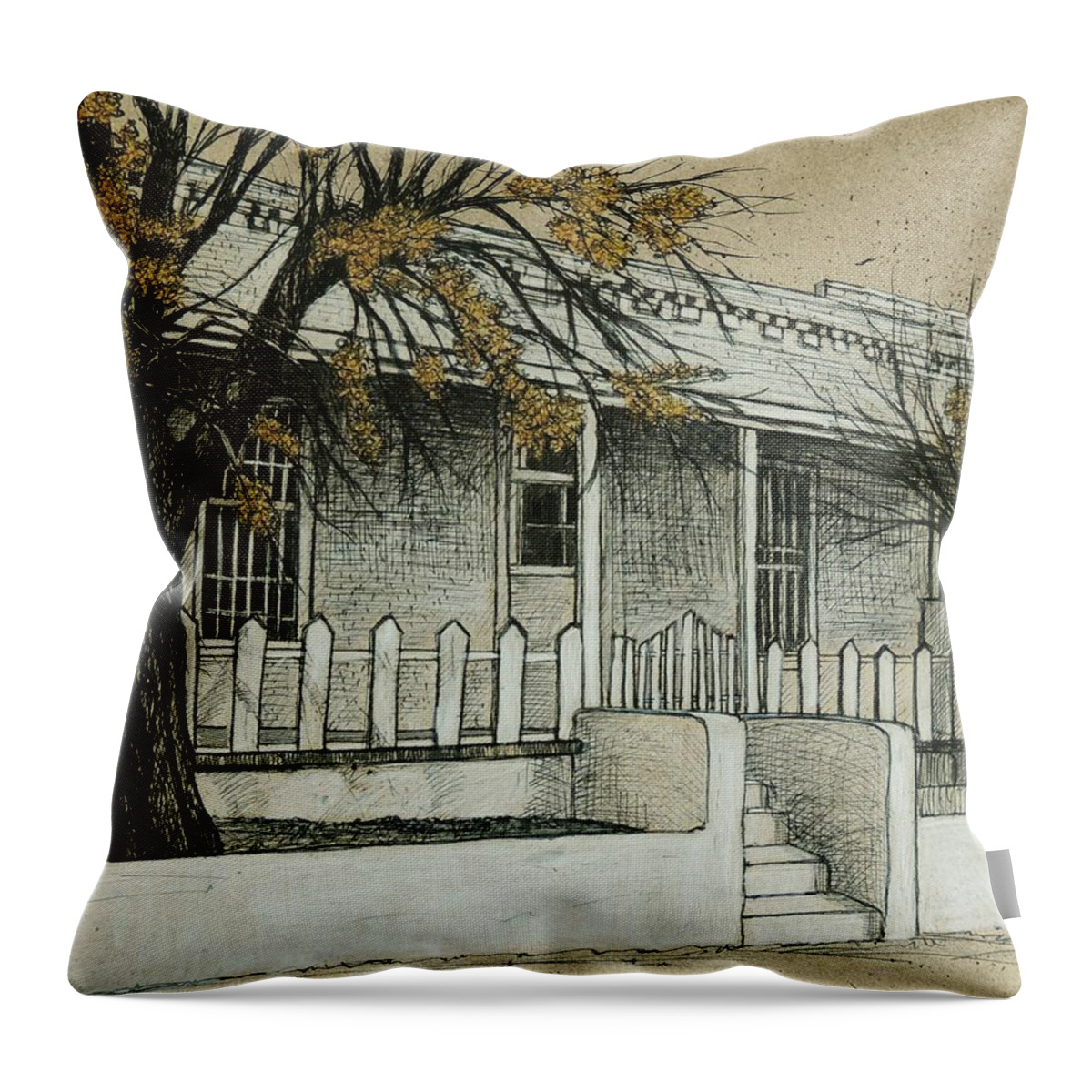 El Paso Scene Throw Pillow featuring the drawing Rowhouses on Delta by Candy Mayer