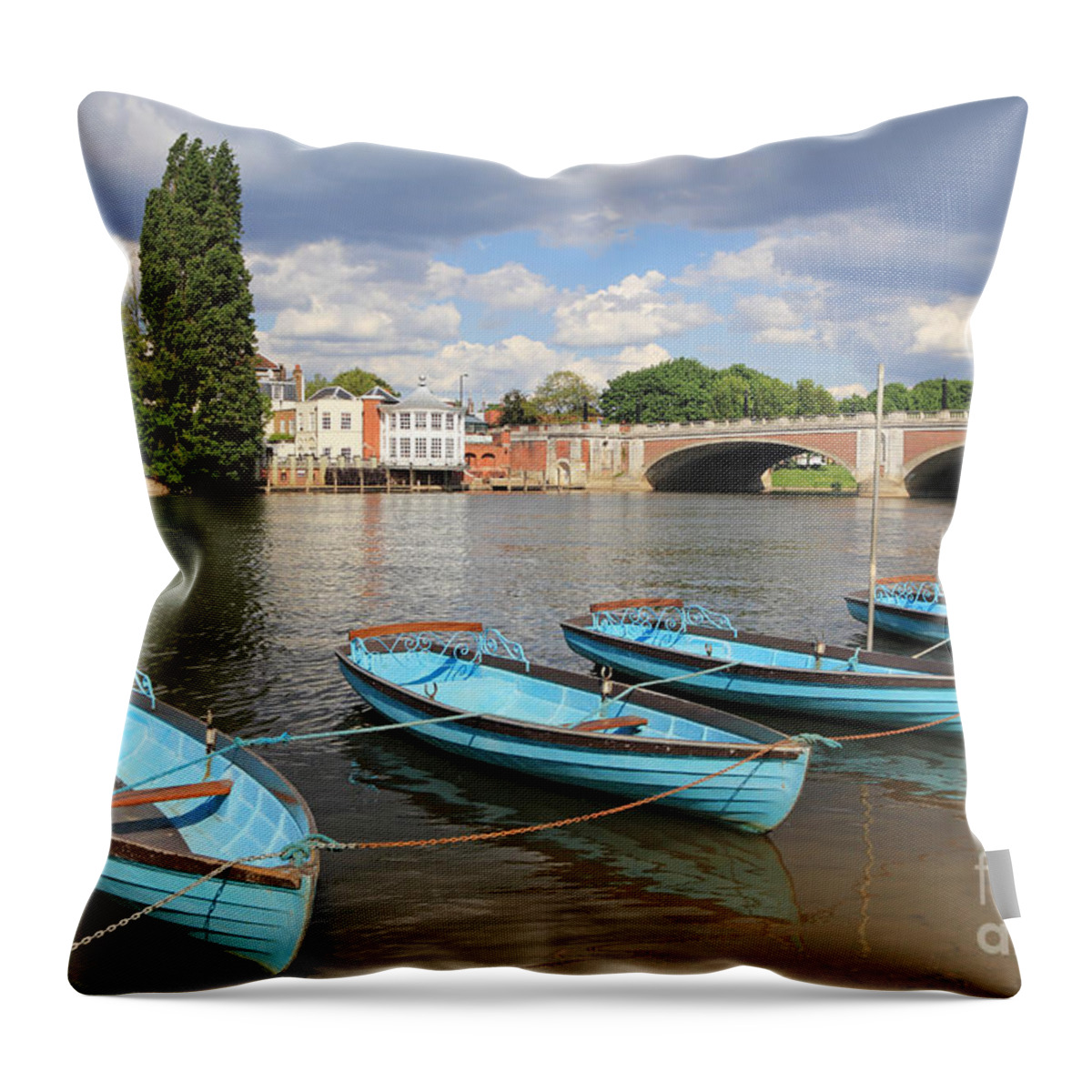 Boats At Hampton Court River Thames London Throw Pillow featuring the photograph Rowing Boats at Hampton Court by Julia Gavin