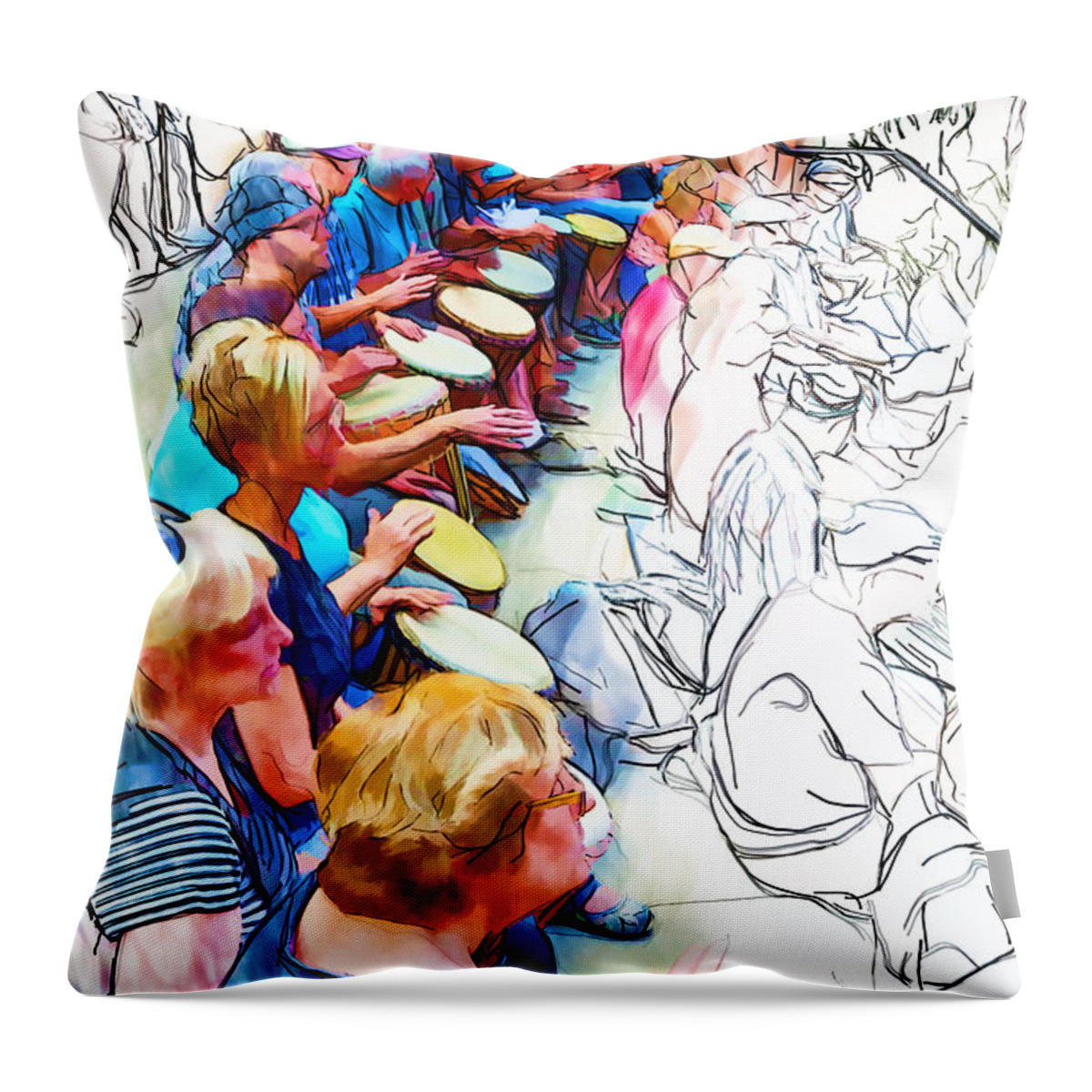 Drum Circle Throw Pillow featuring the mixed media Rows of Drummers by John Haldane