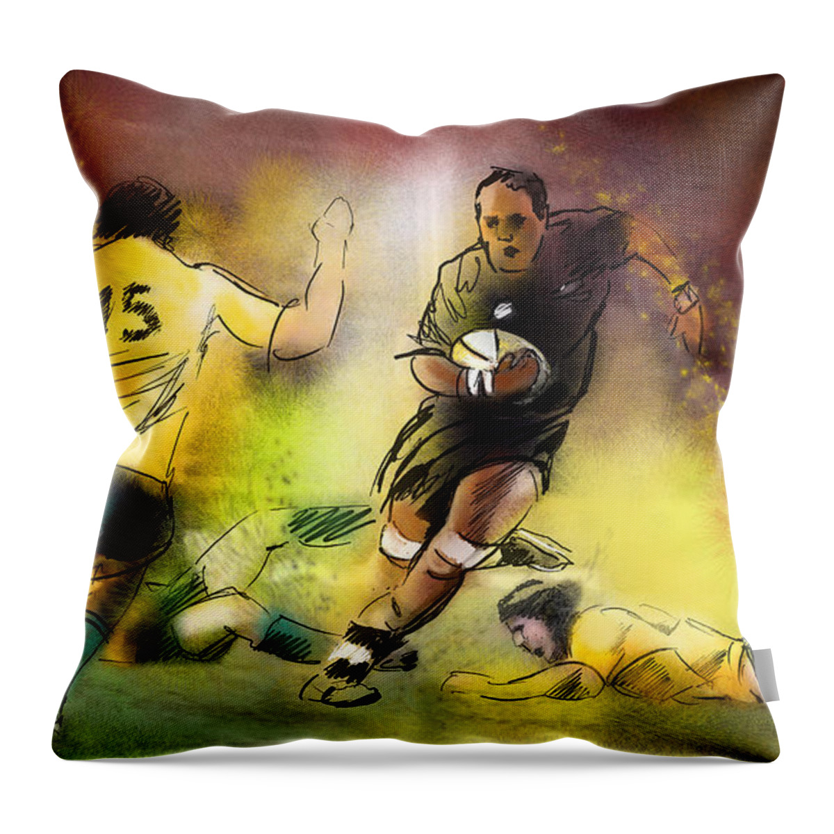 Sports Throw Pillow featuring the painting Rugby 01 by Miki De Goodaboom