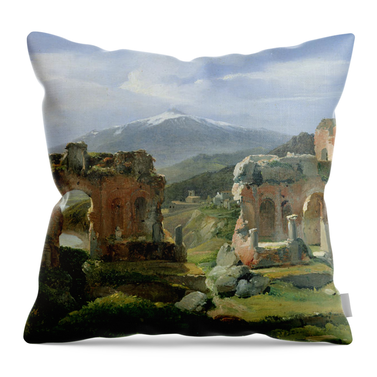 Michallon Throw Pillow featuring the painting Ruins of the Theatre at Taormina by Achille Etna Michallon