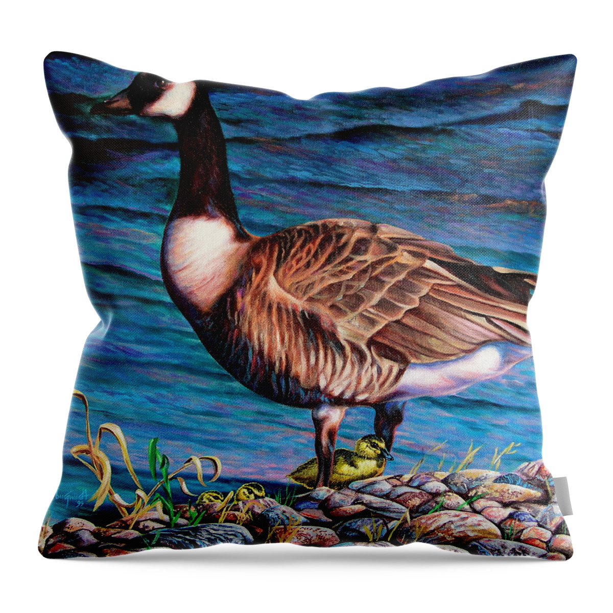 Goose Throw Pillow featuring the painting Running for Cover by Craig Burgwardt