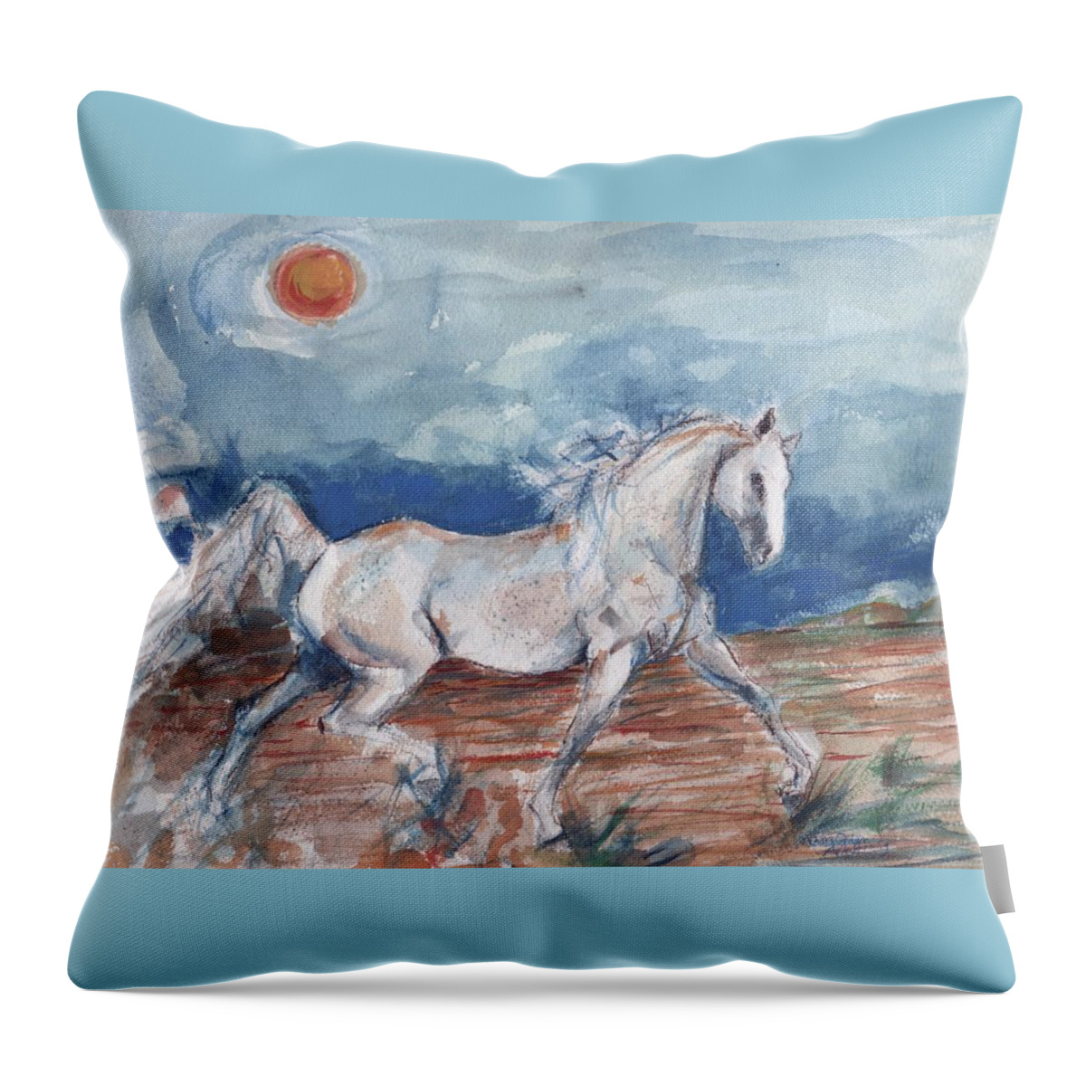 White Horse Throw Pillow featuring the painting Running horse by Mary Armstrong