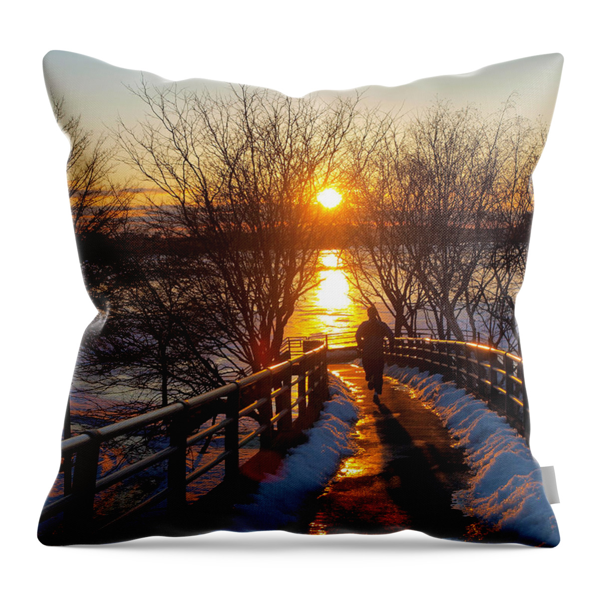 Blue Boston Bridge Ice Jog Jogging Life Magnificent Melting Nature Never Passion River Running Shadow Shinning Sky Snow Splendid Sport Sports Stop Sun Sunset Wet Winter Throw Pillow featuring the photograph Running in Sunset by Paul Ge