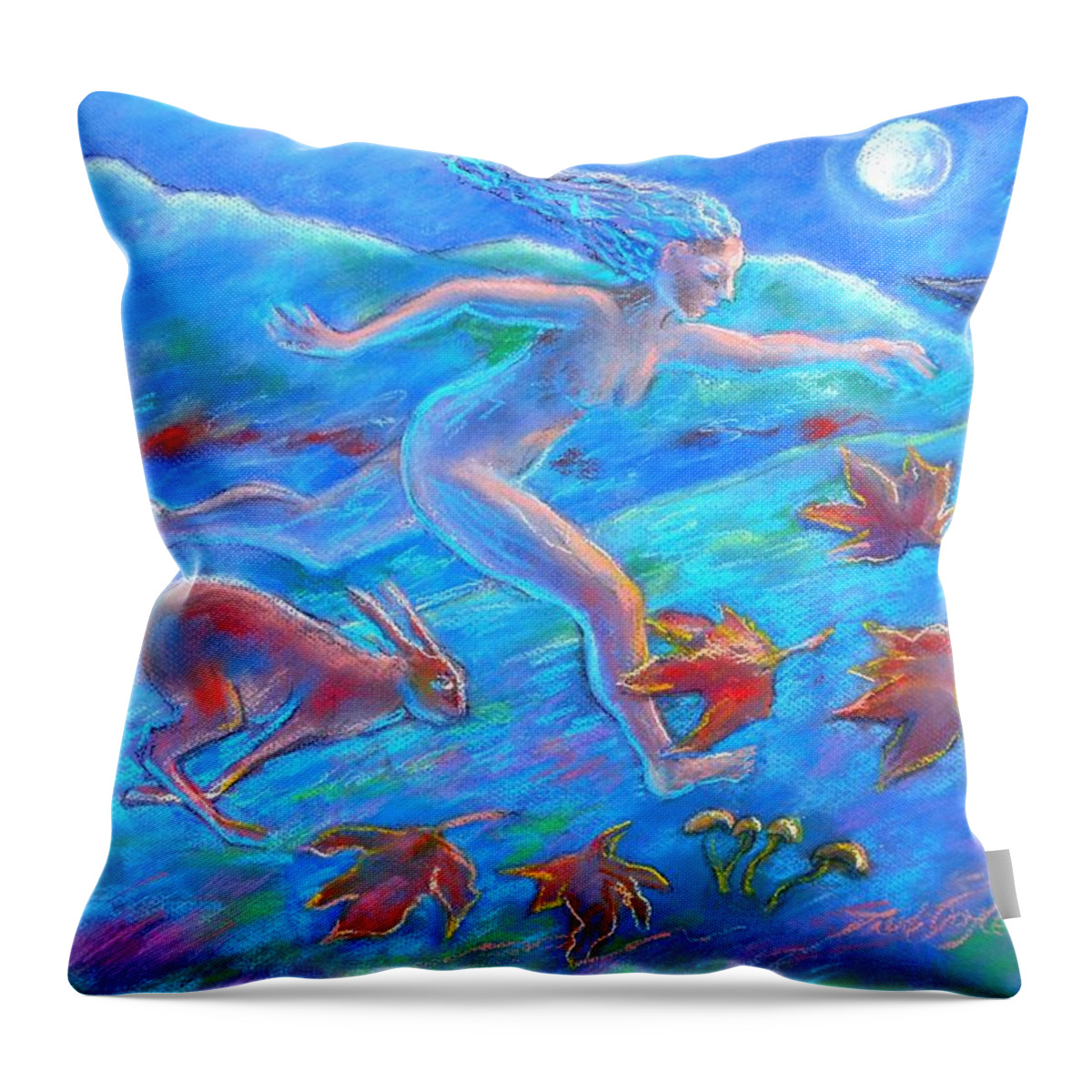  Running Throw Pillow featuring the painting Running with the Hare by Trudi Doyle