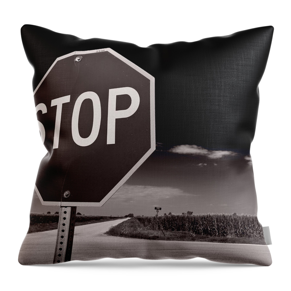 Sign Throw Pillow featuring the photograph Rural Stop Sign BW by Steve Gadomski