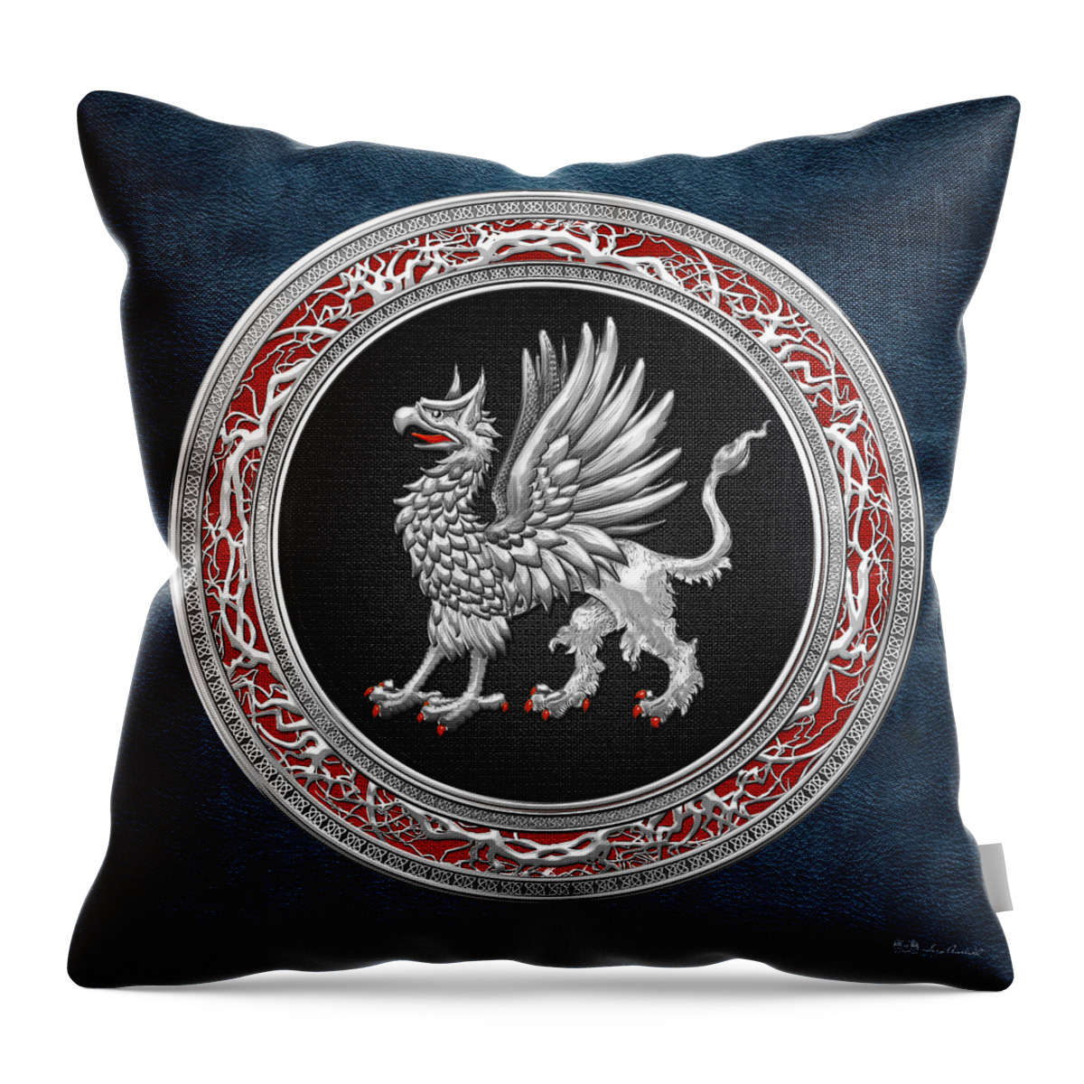 'treasure Trove' By Serge Averbukh Throw Pillow featuring the digital art Sacred Silver Griffin on Blue Leather by Serge Averbukh