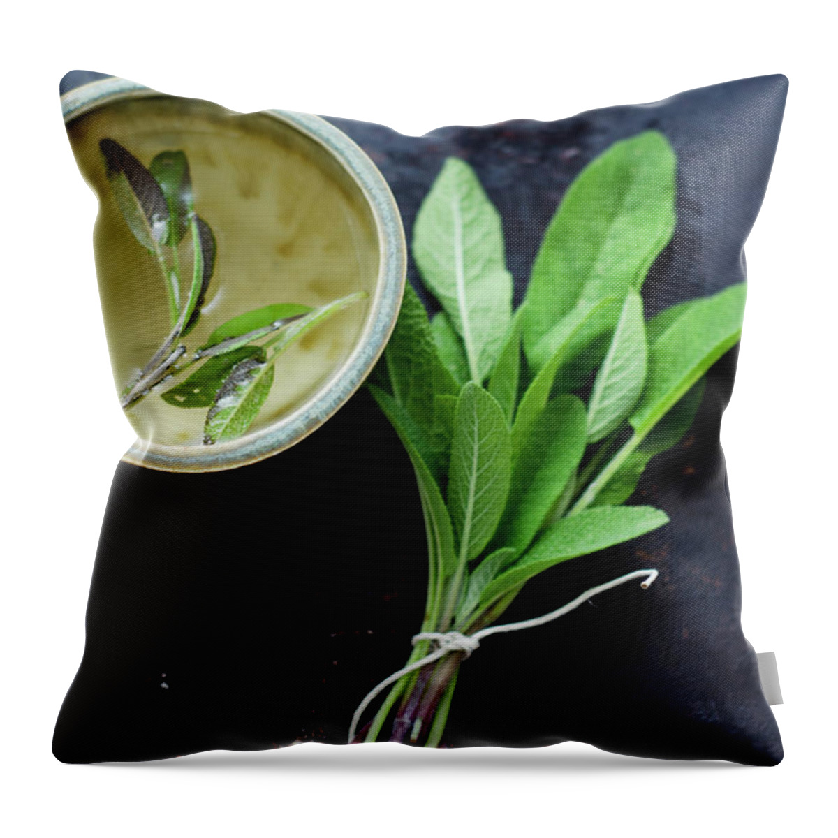 Spice Throw Pillow featuring the photograph Sage Tea In Small Cup With Bunch Of by Westend61
