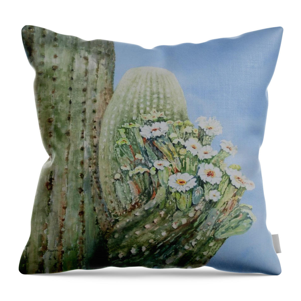 Cactus Throw Pillow featuring the painting Saguaro Cactus in Bloom by Marilyn Clement