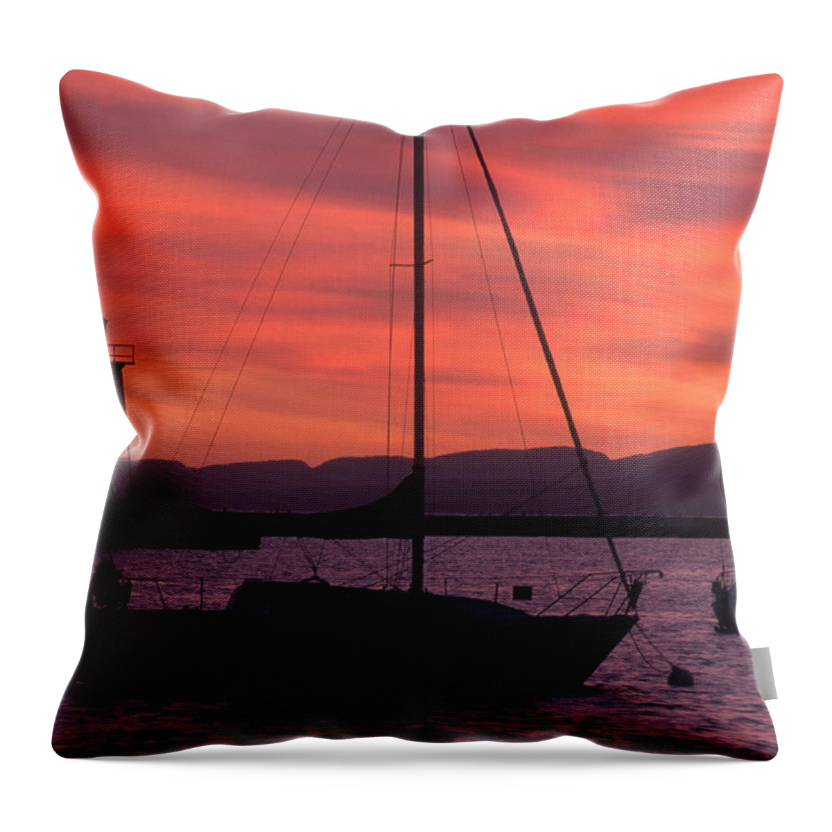 Lighthouse Throw Pillow featuring the photograph Sailboat And Grand Marais Light, Mn by Bruce Roberts